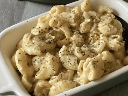 feta pasta in a serving dish.